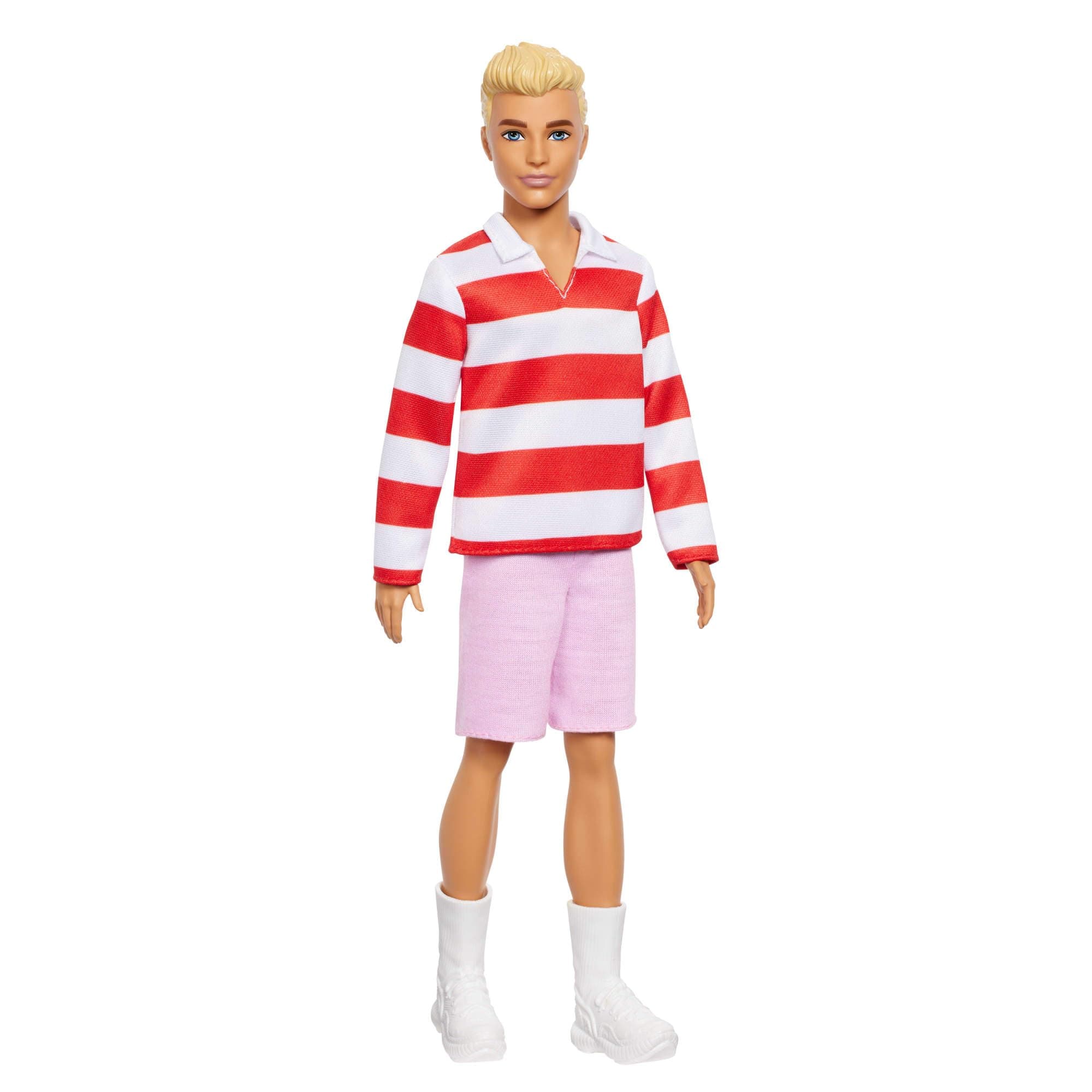 Barbie Fashionistas Ken Doll #241 with Blonde Hair Wearing Red and White Striped Polo Shirt with Pink Shorts, White Crew Socks and Sneakers, HYV01