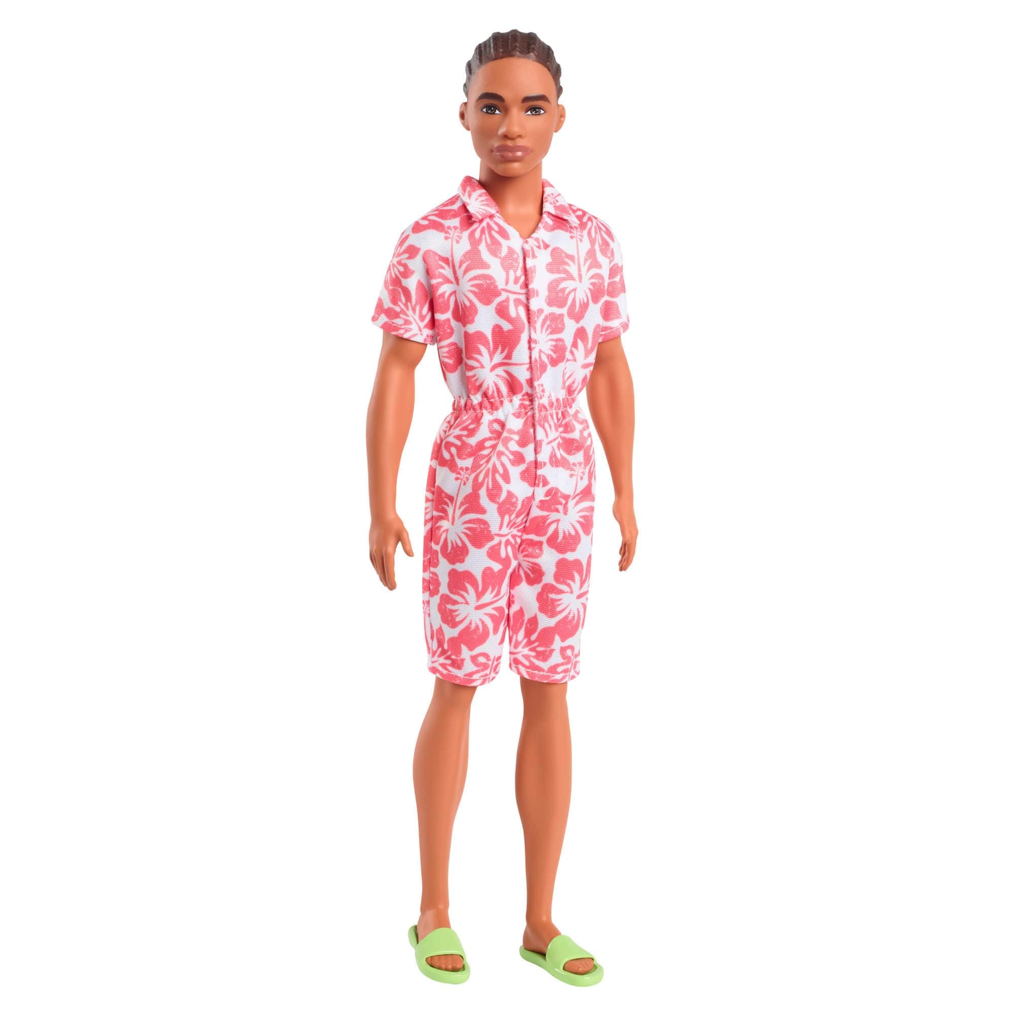 Barbie Fashionistas Ken Doll #235 with Braided Brown Hair, Wearing Coral Jumpsuit with Hawaiian Print and Green Sandals, HYT99