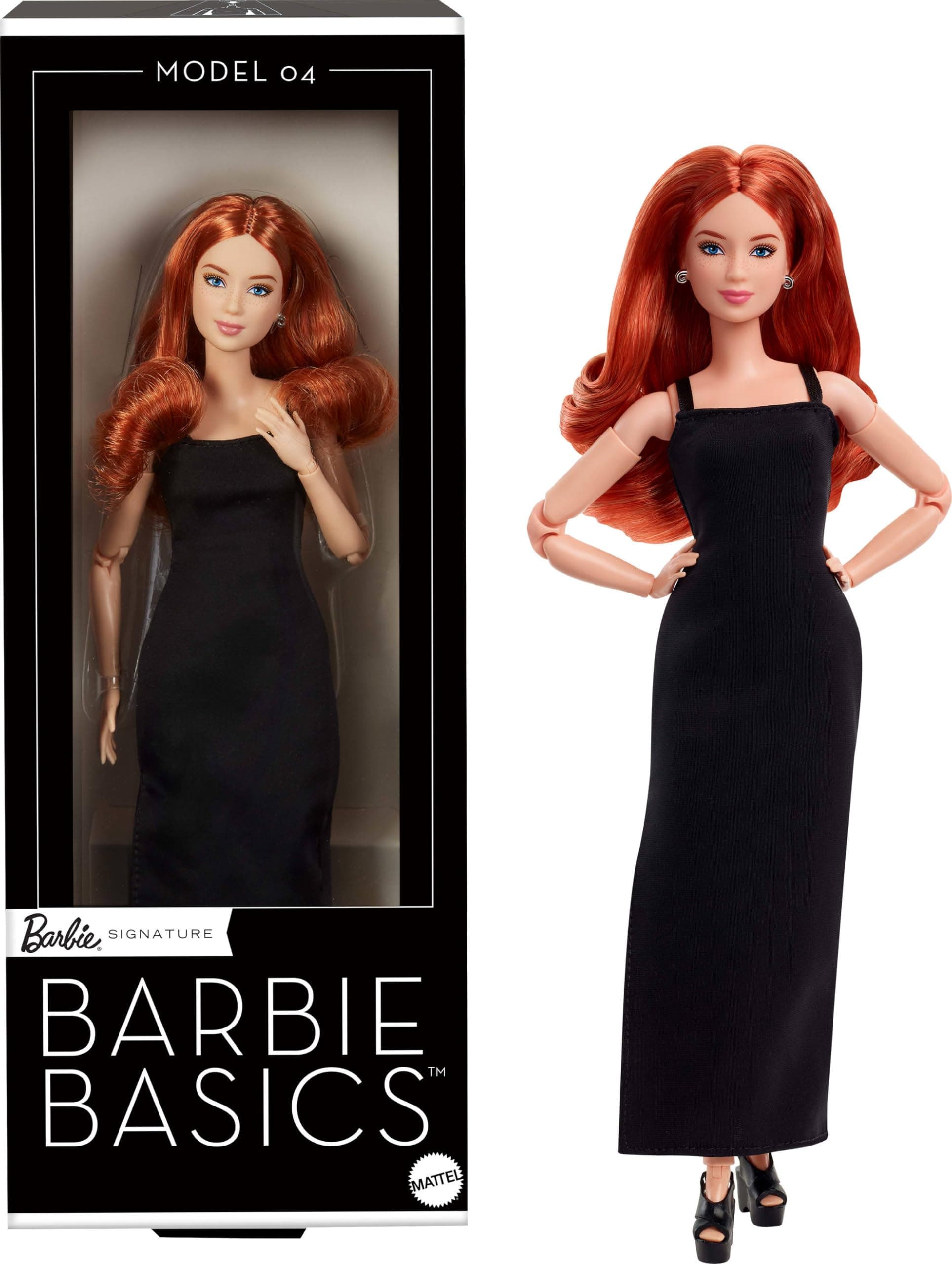 Barbie ​Mattel Basics Model 04 Collector Doll with Red Curly Hair, Black Mini Dress & Boots, Universal-fit Fashions, Posable Petite Body & Swappable Doll Head, JBH74