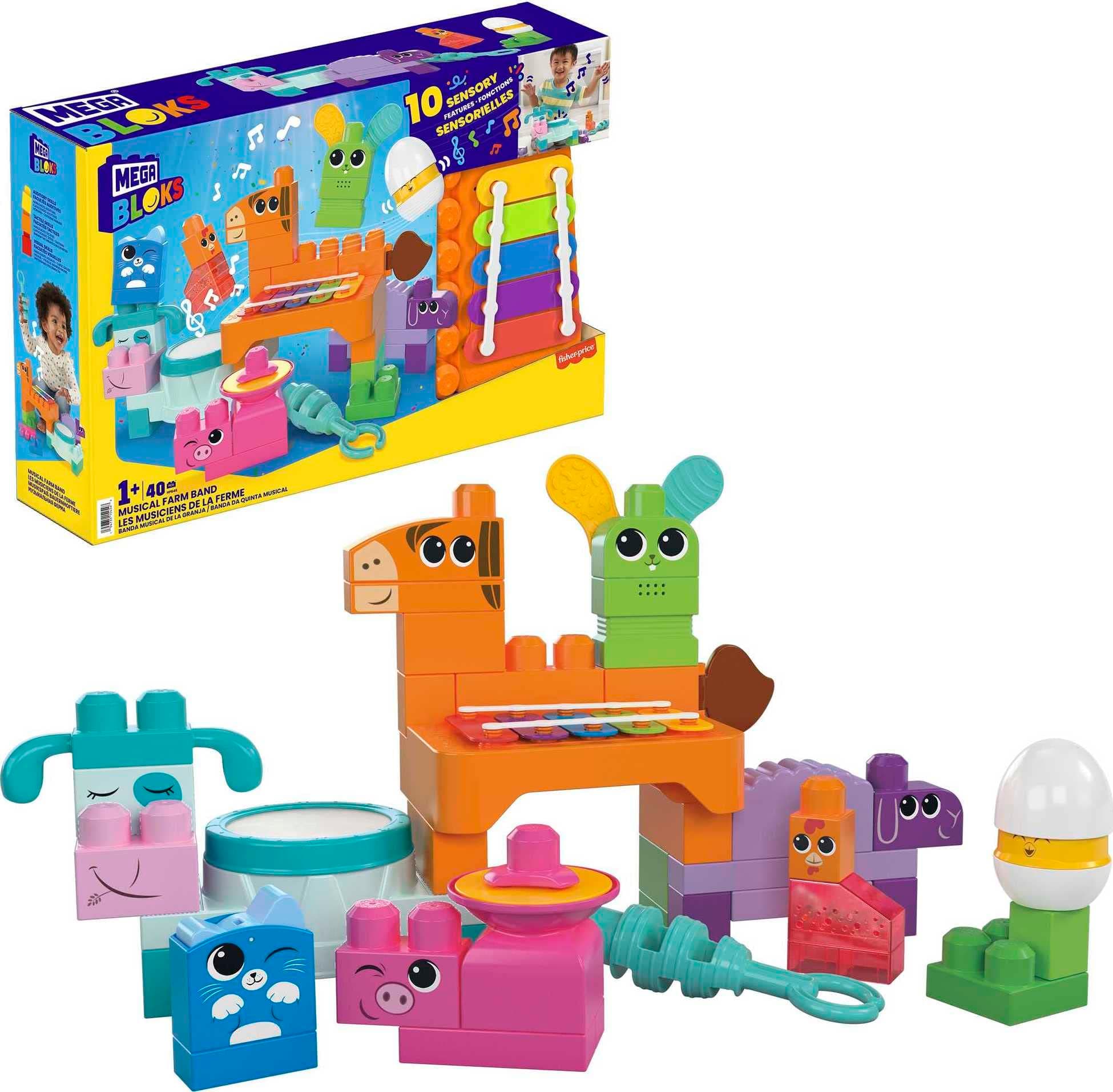MEGA BLOKS Fisher-Price Sensory Building Toys Playset, Musical Farm Band with 40 Toddler Blocks and 6 Music Sheets, Kids Age 1+ Years, HPB46