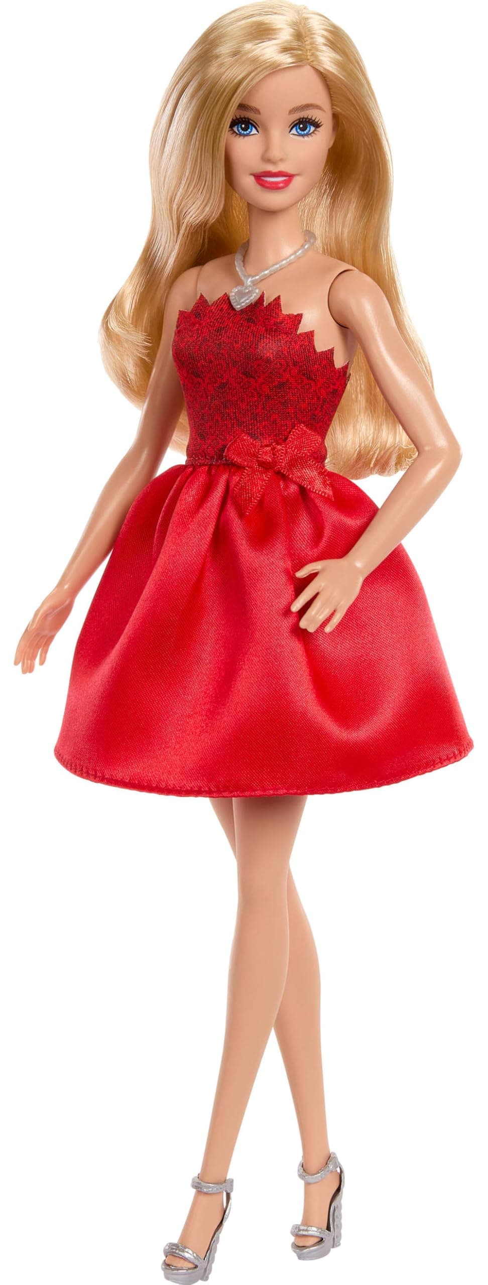 Barbie Mattel 80th Anniversary Ruby-Red Celebration Blonde Fashion Doll Wearing Red Dress with Silvery Shoes & Necklace, Collectible Toy, JGD25