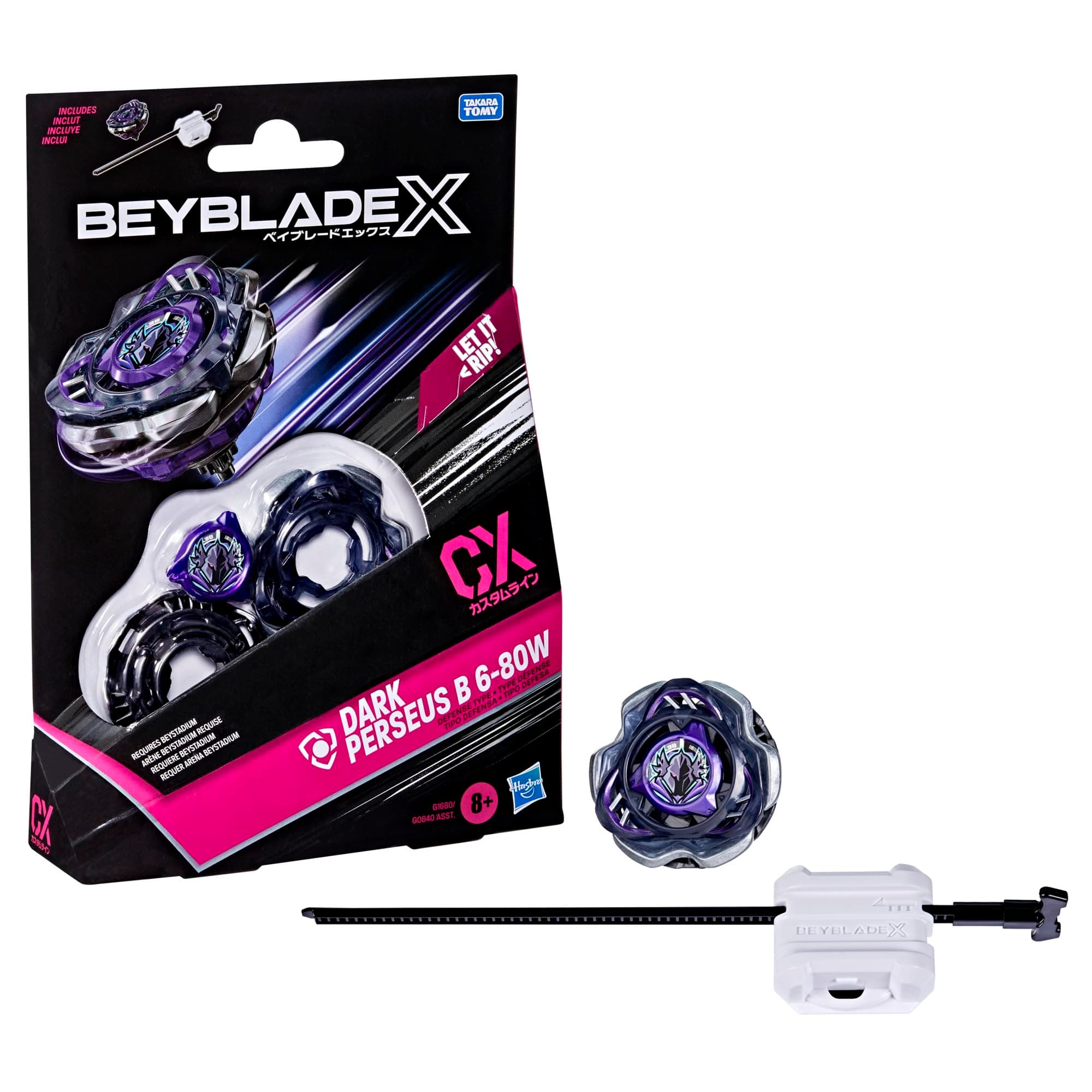 Bey Blade X Dark Perseus B 6-80W CX Starter Pack Set, Defense Type Top and Launcher; Authentic Takara Tomy Battle Tops Games, Toys for Boys and Girls 8+