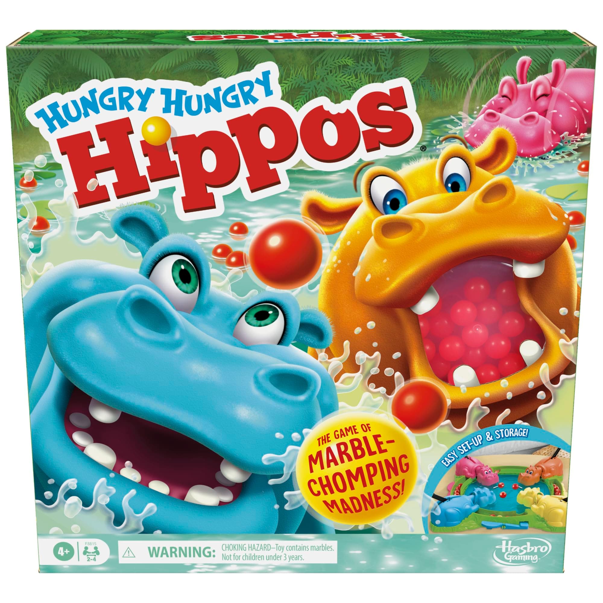 Hungry Hungry Hippos Marble-Chomping Game for Kids, Fast-Paced Family Board Game with 4 Hippos & Marbles, Party Game for 2–4 Players, Ages 4+, Perfect Fun for Families Who Love Classic Games