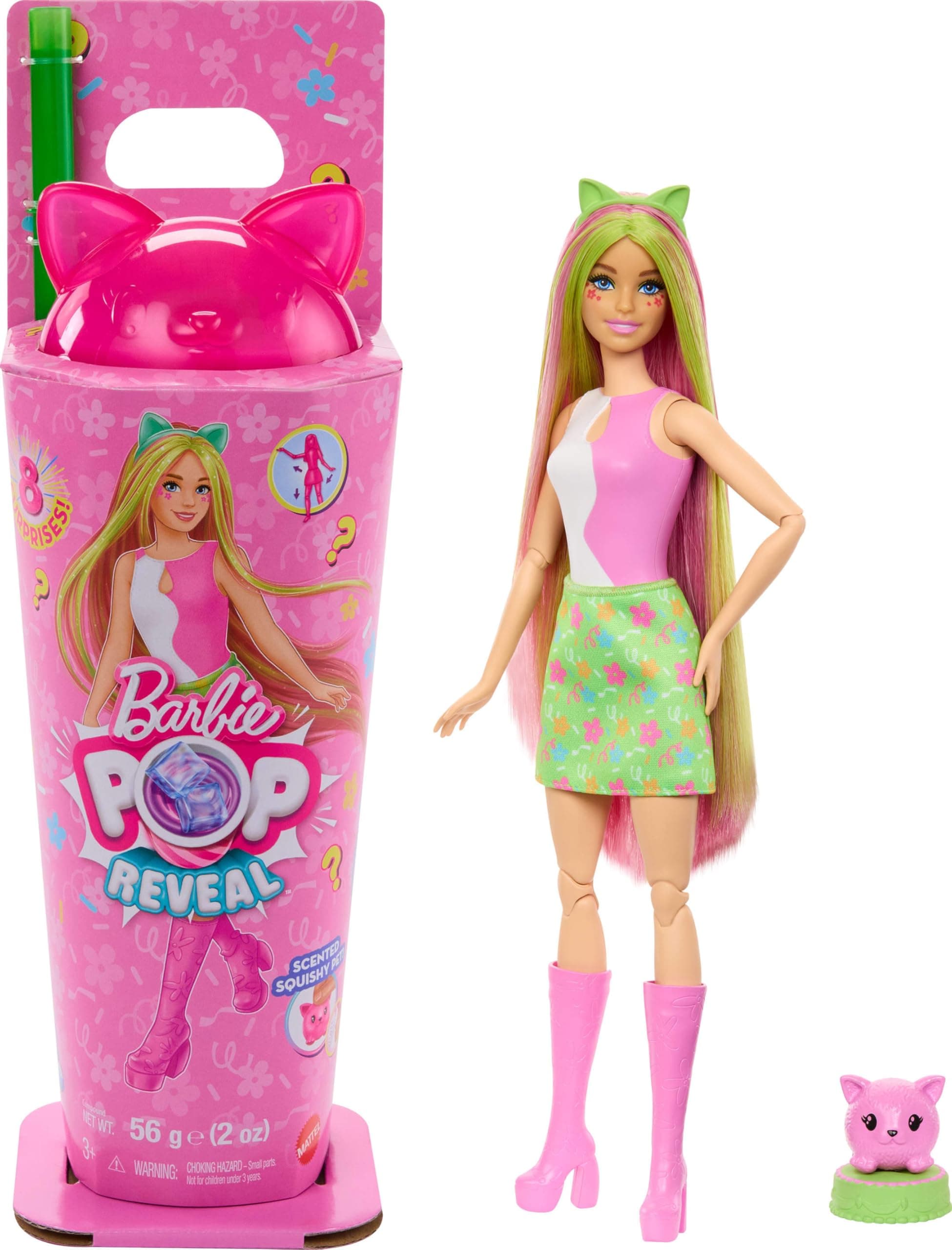 Barbie Pop Reveal Series Doll & Accessories Set, Shakes Series, Scented Cute Kitten Fashion Doll & Pet, 8 Surprises Include Color Change, JCN88
