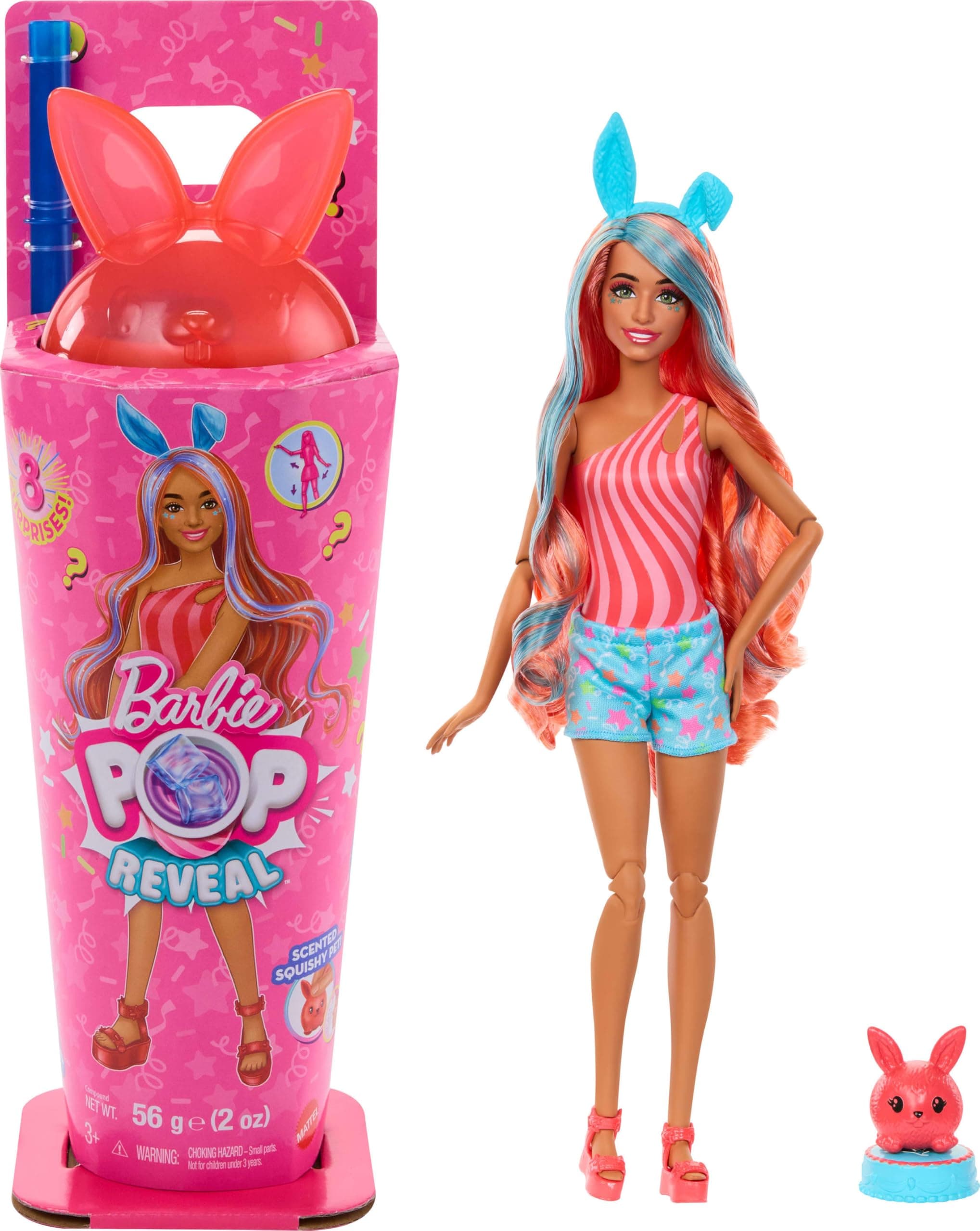 Barbie Pop Reveal Series Doll & Accessories Set, Shakes Series, Scented Bright Bunny Scented Fashion Doll & Pet, 8 Surprises Include Color Change, JCN87